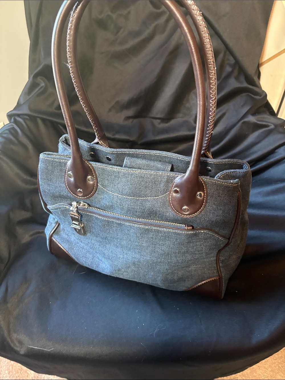 Nine West Blue Denim Shoulder Bag with Brown Trim